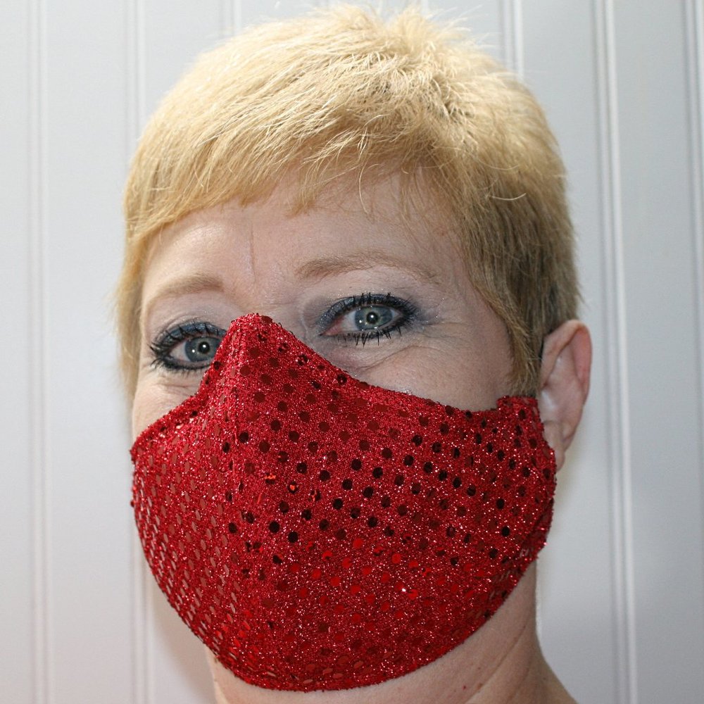 HAND CRAFTED Face Mask Red Confetti Dot Sequin - Adult - Shield Style